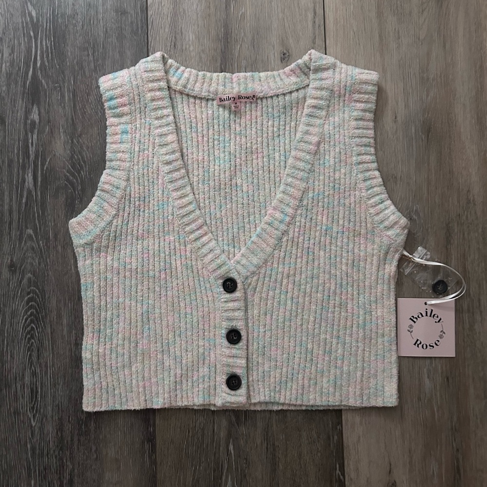 The Bailey Rose Knit Cropped Button Vest in Pastel Confetti